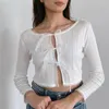 Mulheres Camisetas Xingqing Branco Crop Tops para Mulheres Roupas Estéticas Redondo Pescoço Manga Longa De Malha Cardigan Lace Camiseta Y2K Roupas