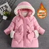 Ceket 2-8 yıl sıcak kış kızlar ceket kürk yaka çıkarılabilir şapka peluş astar ağır kapüşonlu çocuklar ceket çocukları dış giyim eldiven gönder 231202