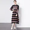 Casual Dresses 2024 Spring Runway Silk Chiffon Lace Cascading Dress Women's O-Neck Lantern Sleeve Oil Painting Printing Long Robe Vestidos