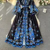 Casual Dresses Autumn Runway Blue Flower Dress Women's Stand Long Sleeve Single Breasted Floral Print Belt Holiday Boho Maxi Vestidos 2024