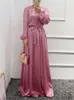 Roupas étnicas Dubai Moda Cetim Sólido Vestido de Festa de Noite com Faixas Caftan Marocain Roupas Islâmicas Manga Longa Robe Femme Musulmane