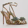 2024 Luxury Aquazzuras Women Stardust Sandals Shoes Juvelerad blomma-embellation High Heels Floaty Dress Lady Gladiator Heel Sandalias EU35-41 med låda