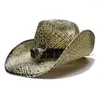Berets A160 Adult Summer Raffia Hats Retro Big Cow Leather Belt Beach Caps Men Women West Cowboy Hat Straw Cap Adjustable Size