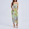 Casual Jurken Puloru Elegante Tie-geverfde Mesh Bodycon Lange Jurk Dames Spaghettibandjes Ruches Trim Wrap Party Ruglooze Vestidos