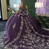 Purple Shiny Sweetheart Quinceanera se vestem do vestido de bola de ombro Apliques Lace Flor Crystal vestidos de Anos