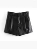 Women's Shorts Autumn 2023 Fashion Ladies Faux Leather Pleated High Waist Back Pockets Zipper Casual Girls Black Pu Short Pants