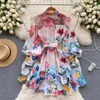 A Line Casual Dresses Clothing New Runway Holiday Flower Mini Dress New Women's Stand Collar Long Lantern Sleeve Floral Print Belt Sweet Vestidos 2024