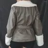 Vestes en Faux cuir pour femmes, automne hiver, manches longues, col en fourrure, manteaux boutonnés avec ceinture, Streetwear, Patchwork, vêtements d'extérieur chauds