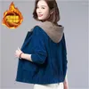 Kvinnorjackor Single Layer/Fleece Corduroy Jacket For Women Spring Autumn Winter Löst Fit medelålders Mödrar koreanska huva mångsidiga SHO