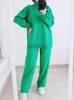 Pantaloni a due pezzi da donna REALEFT Autunno Inverno 2 pezzi Set da donna Tuta lavorata a maglia Maglione dolcevita e pantaloni da jogging dritti Tute Verde 231202