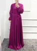 Roupas étnicas Dubai Moda Cetim Sólido Vestido de Festa de Noite com Faixas Caftan Marocain Roupas Islâmicas Manga Longa Robe Femme Musulmane