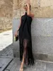 Casual Dresses Jastie Black Elegant Cross Halter Neck Ladies Dress 2023 Sexig ärmlös backless Long Summer Fashion Tassel Women