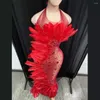 Abbigliamento da palcoscenico Abito da sera in cristallo rosso di lusso con vista attraverso il vestito a rete da donna Banchetto con strass Piuma Lunghezza sexy del pavimento del partito