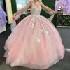 Rosa lucido innamorato abito Quinceanera pizzo applique paillettes perline con mantello dolce messicano 16 abiti XV 15 anos