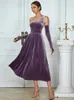 Vestidos casuais sexy uma luva de ombro design A-line Women Women Purple velet roxo sem mangas do pescoço midi coquetel