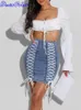 Vestido de dos piezas DenimColab Cintura alta Estiramiento Cuerda de maíz Falda de mezclilla Mujeres Lavado de nieve Vendaje Faldas Damas Cremallera Verano Flaco Mini Oficina 231202