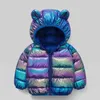 Manteau en duvet pour enfants, saison Qiu Dong, petites oreilles, capuche, couleur éblouissante, veste rembourrée en coton, pour garçons et filles, chaud, hiver 2023