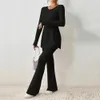 Женские брюки из двух предметов, осенне-зимний вязаный комплект из 2 предметов, топ в рубчик с длинными рукавами и прорезями, высокая талия, модный карандаш 231202