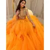 Party Dresses Luxury Shiny Colorful Rhinestone Evening Gowns See Thru Sleeves Orange Tulle A-ling Long Formal Dress Crystal Beaded Robes