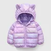 Manteau en duvet pour enfants, saison Qiu Dong, petites oreilles, capuche, couleur éblouissante, veste rembourrée en coton, pour garçons et filles, chaud, hiver 2023