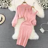 New Summer Two Piece Dress Sweater Set Casual Pullovers Suits Slip Dress For Women Slim Solid Autumn Winter Knitted Long Sleeve Elegance Elastic Sweet 2024