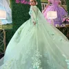 Sage Green 3D Flowers Floral Appliques Lace Quinceanera Dresses Ball klänning från axelkorsetten Vestidos de xv 15 anos