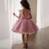 Girl Dresses Sequined Velvet Belt Design Flower Girls For Wedding Dress Sweet Kids Flying Sleeve V-back Bow Ball Gown Birthday Gowns