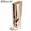 Stivali da donna High Boots Gold Stivali a punta di punta al ginocchio per donna Scarpe da festa con tacchi alti sexy Ladies Stiletto Botas Femininas 231202