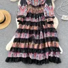 Casual Dresses 2024 Spring Runway Silk Chiffon Lace Cascading Dress Women's O-Neck Lantern Sleeve Oil Painting Printing Long Robe Vestidos