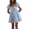 Freizeitkleider Damen-Sommer-Minikleid, kurze Puffärmel, Schnürung vorne, Blumendruck, süßes Babydoll