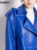 Frauen Daunen Parkas Lautaro Frühling Herbst Lange Luxus Elegante Blau Weiche Pu Leder Trenchcoat für Frauen Stilvolle Runway Europäischen mode 2023 231202