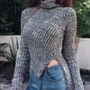 Damenpullover, Rollkragenpullover, Damen, unregelmäßiger Schlitz, modisch, schlank, sexy, grau, lässig, gestrickt, weich, Herbst, reife Dame, elegant, Ulzzang