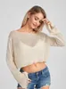 Women's Blouses Women See Through Knit Crop Tops Long Sleeve Boat Neck Smock Shirts Party Club Sexy Beach Cover-ups Blouse