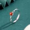 Cluster Rings 925 Silver Red Agate Ring Round Simple Adjustable Size