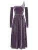 Vestidos casuais sexy uma luva de ombro design A-line Women Women Purple velet roxo sem mangas do pescoço midi coquetel