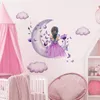 Wandaufkleber, Aquarell-Prinzessin auf Mond, für Mädchenzimmer, Schmetterlings-Blumen-Aufkleber, Schlafzimmer-Dekoration, Baby 231202