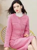 Tvådelad klänning zjyt rosa pärlor tweed ulljacka och kjol kostym 2 bit för kvinnor vinterparty outfit office lady långärmad klänning set 231202