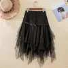 Spódnice letni jeansowy tiul plisowany damski asymetryczny mesh patchwork Pocket Empire midi spódnica Tassel Streetwear Saia dżinsy czarne