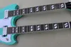 Factory Custom Blue Green Double Neck Electric Guitar With 6 and 12 Strings Guitar Chrome Hardware White Pickguard Offer Customized 369