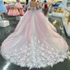 Rosa lucido innamorato abito Quinceanera pizzo applique paillettes perline con mantello dolce messicano 16 abiti XV 15 anos