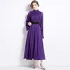 Casual Dresses 2024 Spring Runway Lantern Sleeve Chiffon Maxi Dress Women Elegant Stand Purple Pleated Party Evening Vestidos Holiday Robes