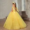 Robes de fille robe de fleur jaune moelleux tulle col rond sans manches noeud sangle mariage mignon petits enfants fête de sainte communion