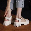 Bayanlar Bej Emed Sandalet Sıradan Deri Ayakkabı Yaz Platformu Tokalı Kalın Topuk Fo 426