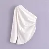 Kadınlar bluzları mesttraf seksi tasarım 2023 kadın beyaz asimetrik pileli gömlekler vintage bir omuz uzun kollu yan fermuar dişi blusas