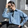 Kvinnor BLOUSES 2023 Spring Fashion Single-Breasted Korean Vintage Långärmad all-Match Blue Denim Shirt for Women Z047