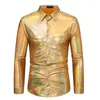 Camisas de vestido masculinas moda homens camisa top atraente outono botão para baixo disco ouro / prata / rosa lapela manga longa festa de boate