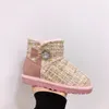 Girls' Little Fragrant Wind Pearl Buckle Snow Boots with Cow Muscle Sole Unique Style Gold Silk Interwoven Color Children's Flat Bottom Boots