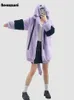 Women's Fur Faux Nerazzurri Winter Purple and Black Patchwork Coat Women with Bunny Ears Thick Warm Soft Sweet Cute Fluffy Jacket 2023 231202