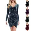 Casual Dresses Purple Green Autumn Velvet Bodycon Dress Kvinnor Lång ärm Ruched Slim Fit Evening Female Party Cocktail Short Robe