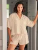 Survêtements pour femmes Bouton Revers Chemises Shorts Taille élastique Ensemble Casual Crêpe Coton Femmes Tenues Respirant Blanc Simple Dames Costume À La Maison